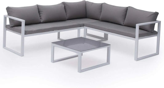 Ensemble de Jardin Ibiza Modulable 4 Places en Tissu Gris, Structure en Aluminium Blanc