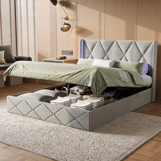 Lit avec éclairage LED et port USB, 140 x 200 cm, gris, avec rangement intégré