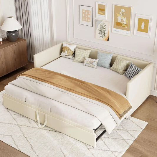 Canapé-lit convertible en velours beige avec cadre à lattes, 90/180 x 200 cm