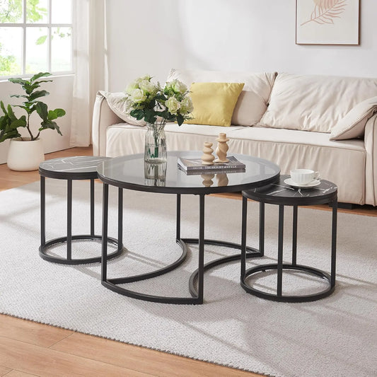 Ensemble de 3 Tables Basses Rondes Modernes en Verre et Acier, Design Économie d'Espace, Effet Marbre Noir