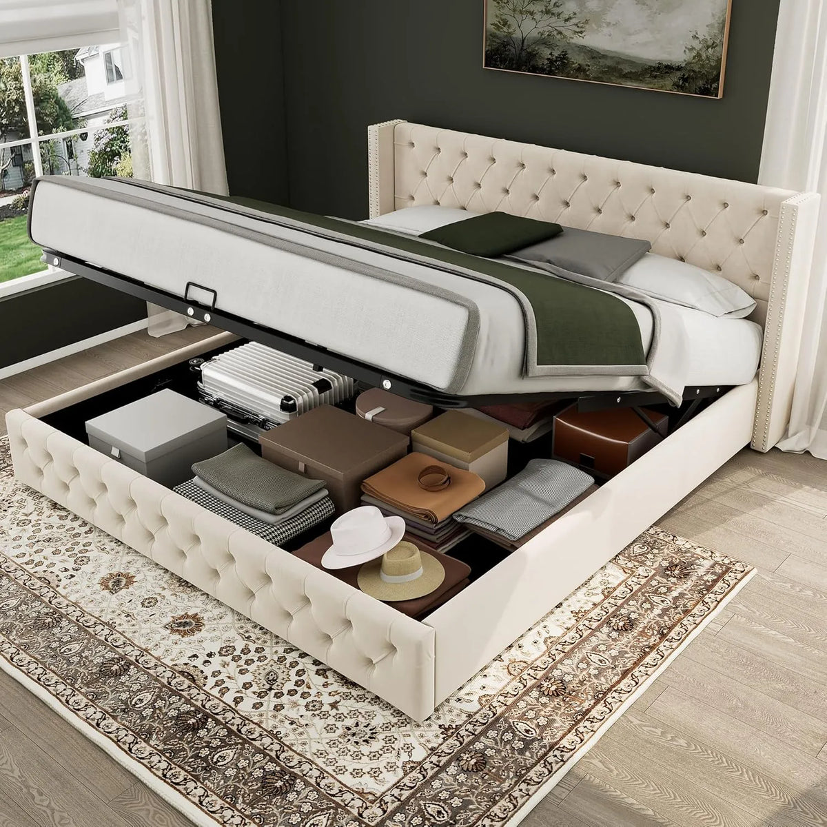 Lit Double Merax 160x200 cm avec Rangement, Sommier à Lattes, Tête Réglable, Velours Beige