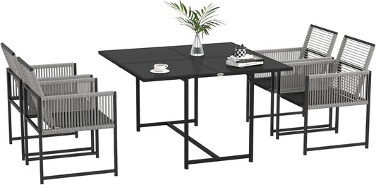 Ensemble de Jardin Extérieur pour 4 Personnes en Acier - Table et 4 Chaises Pliables, Plateau en Verre Trempé, Gris
