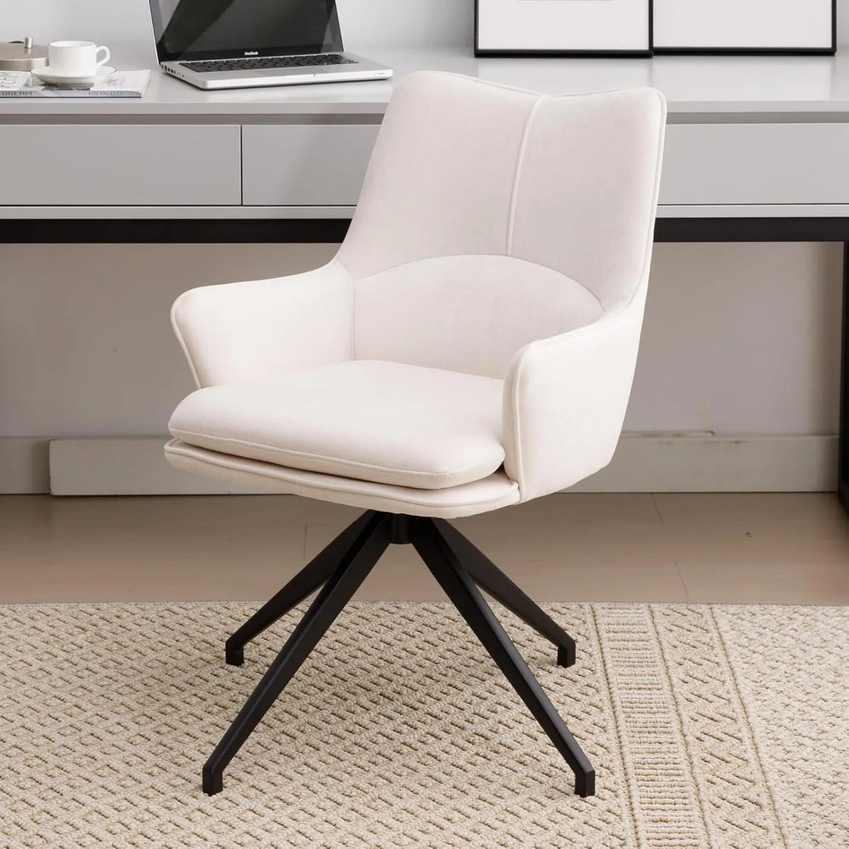 Chaise de Bureau Ergonomique Pivotante en Chenille avec Base Métallique, Beige