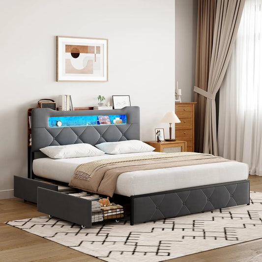 Lit double en velours avec LED, charge USB et rangements 140x200 cm