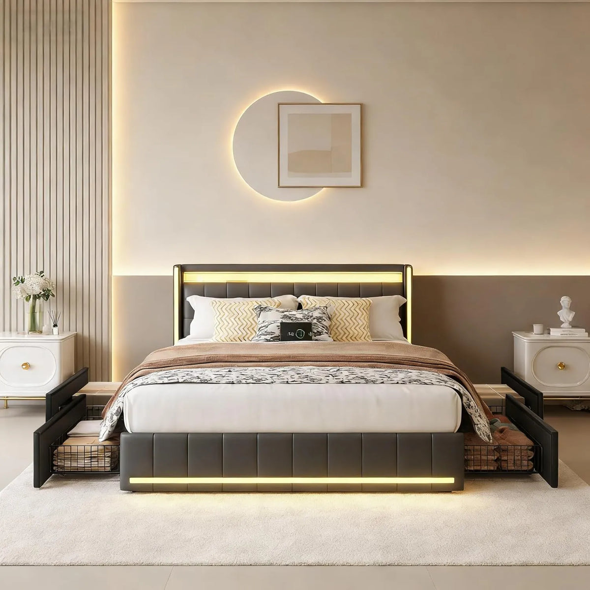 Lit double en lin gris avec rangements et éclairage LED, 140x200 cm