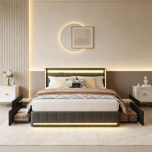 Lit double en lin gris avec rangements et éclairage LED, 140x200 cm