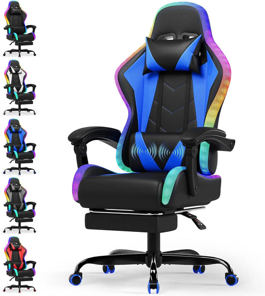 Chaise de Jeu Ergonomique Devoko avec Massage Lombaire, Éclairage LED RGB & Repose-Pieds, Dossier et Hauteur Réglables, Charge 180 kg – Bleu