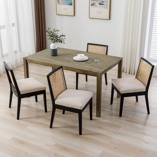 Ensemble de 4 chaises de salle à manger scandinaves avec dossier en rotin et coussin en lin, noir