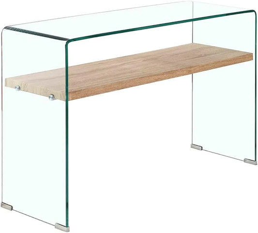 Console Meubletmoi en Verre Trempé avec Étagère en Bois Chêne - Table d'Entrée au Design Contemporain - Modèle Ice