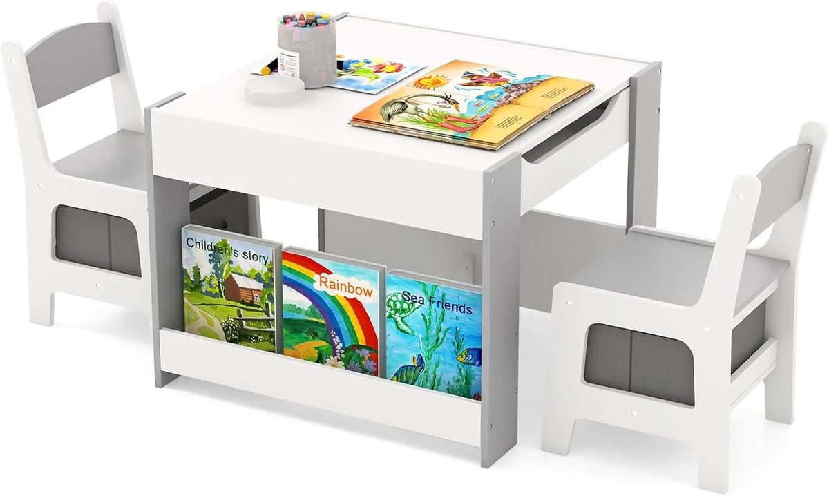 Table Enfant Multifuntionnelle 4-en-1 avec 2 Chaises et Rangement - Gris