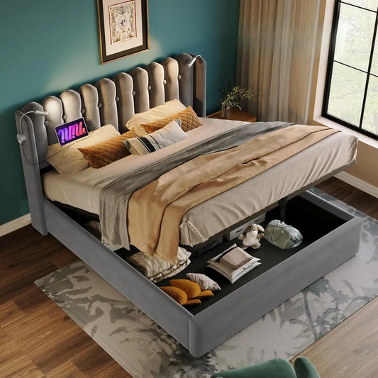Lit Double Rembourré 160x200 cm avec Rangement et Ports USB - Tête de Lit avec Lumières de Lecture - Velours Gris, Adulte et Adolescent
