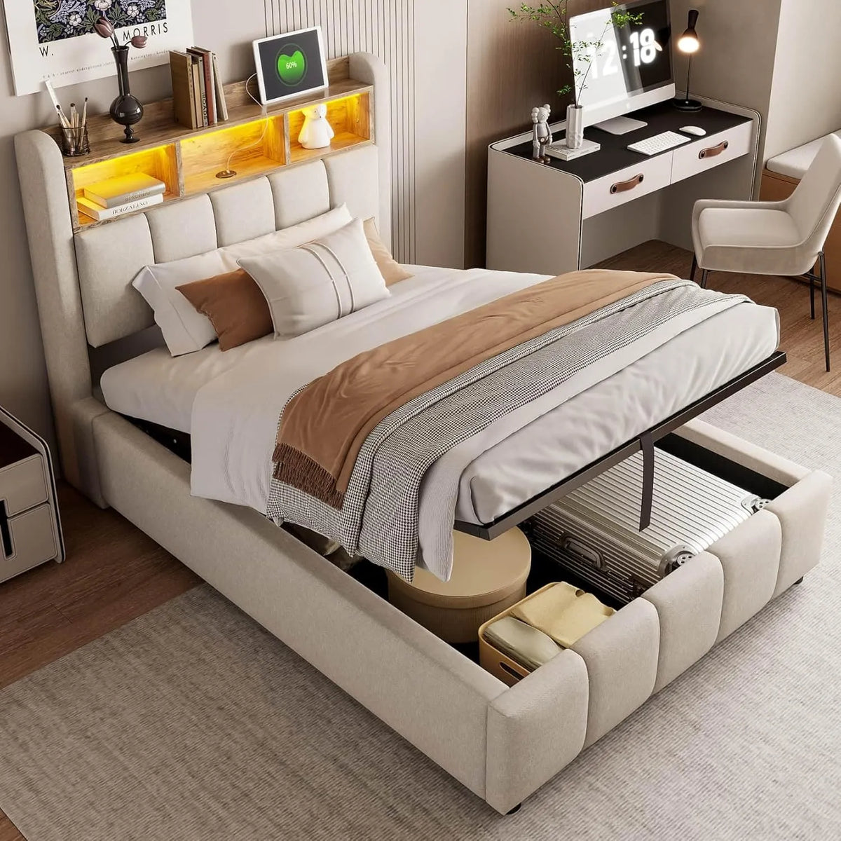 Cadre de Lit avec LED et USB, Rangement Hydraulique et Sommier à Lattes, Tête de Lit avec Compartiment, Tissu Lin Beige 90x200