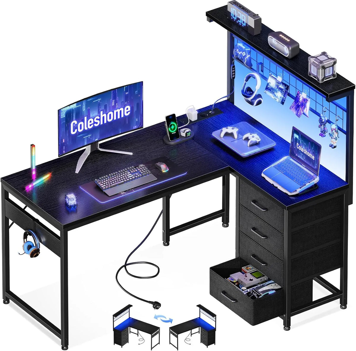 Table de Jeu Réversible avec Éclairage LED, 110 x 80 cm, Rangement et Prises, Noir