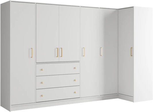 Armoire d'Angle Lizandro - 6 Portes, 3 Tiroirs, L311 cm, Blanc