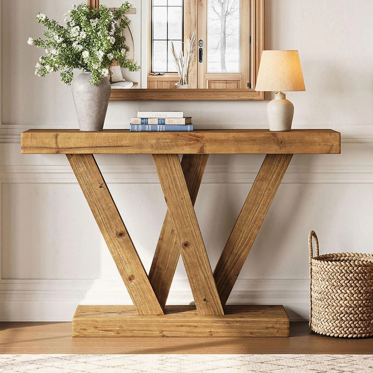 Table Console en Chêne Massif 120 cm, Design Moderne avec Pieds en V, pour Salon et Entrée