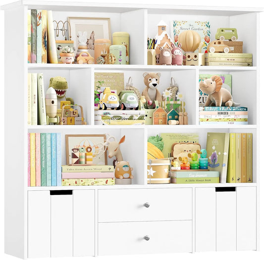 Bibliothèque Enfant Blanche avec 8 Étagères et 4 Tiroirs, Armoire de Rangement pour Salle de Jeu