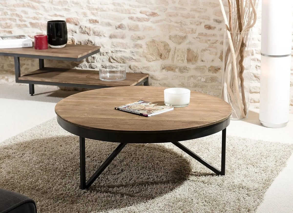 Table basse ronde en teck recyclé avec pied en métal noir - 90 cm