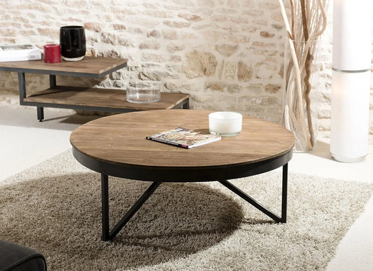 Table basse ronde en teck recyclé avec pied en métal noir - 90 cm