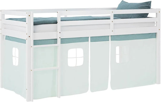 Lit mezzanine pour enfants 90x200 cm avec rideau vert et escalier en pin blanc