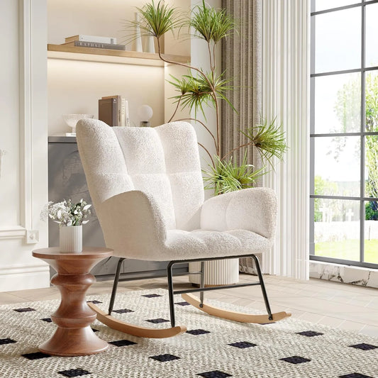 Chaise À Bascule Confortable en Laine Berbère Beige avec Dossier Haut et Poche Latérale pour Salon ou Bureau