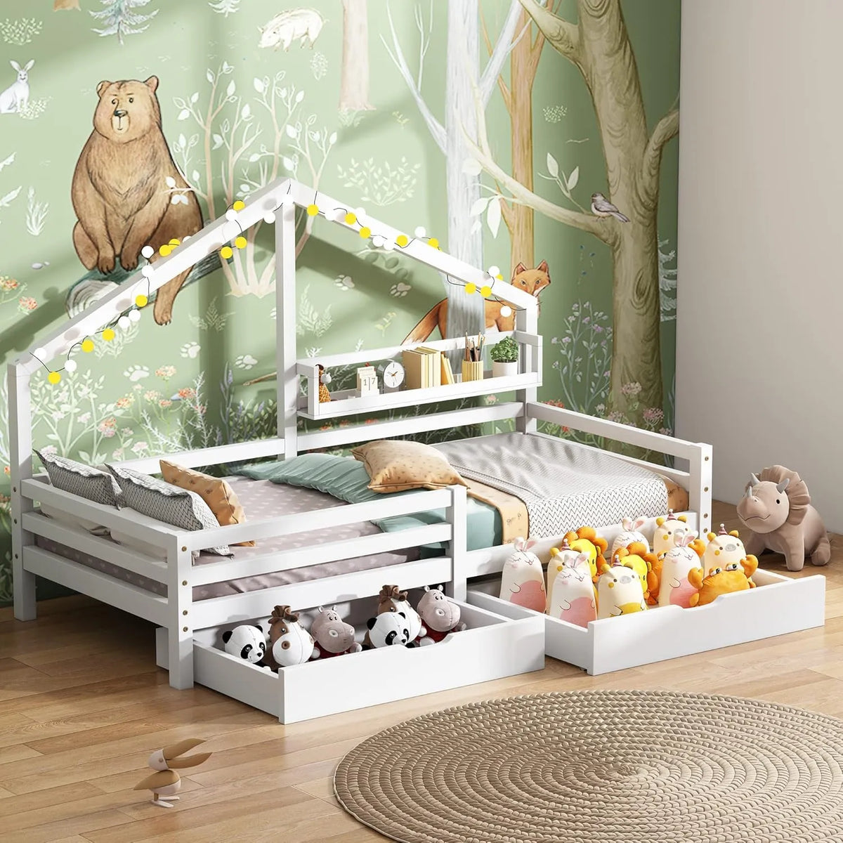 Lit Cabane Enfant en Bois avec Étagères et Tiroirs - 90x200 cm Blanc