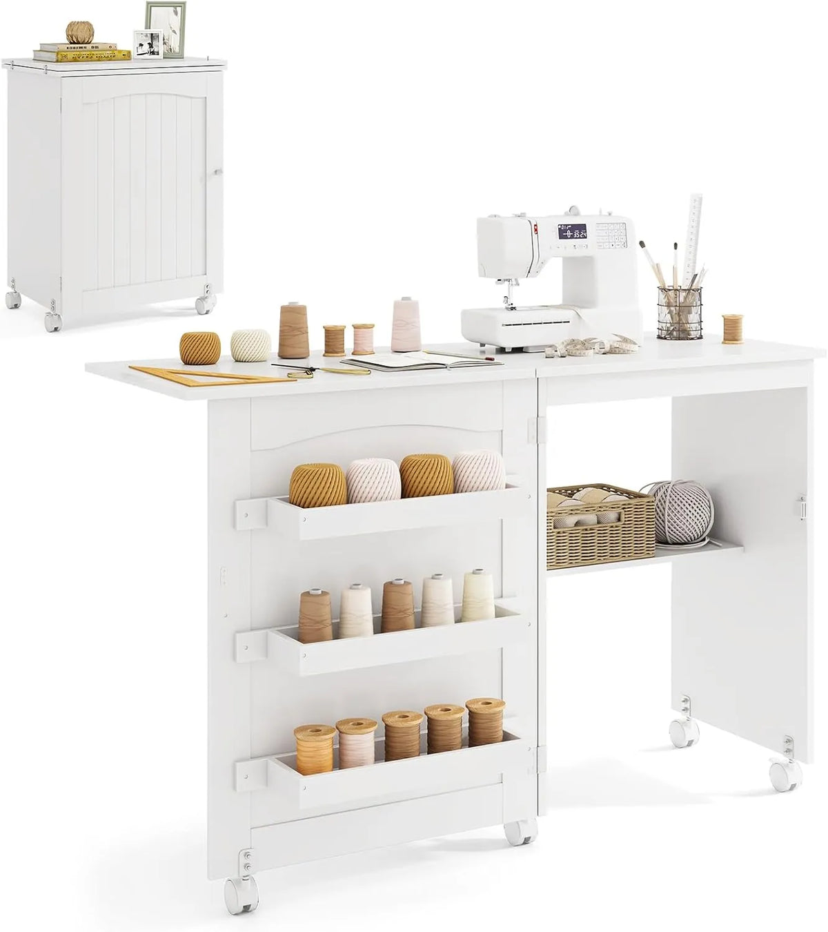 GIANTEX Table de Couture Pliante avec Rangement, Meuble Machine à Coudre Multifonction avec Étagères et Roulettes - Blanc