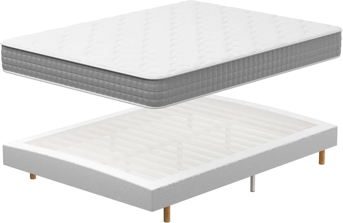 Ensemble Lit 140x190 avec Matelas à Ressorts Ensachés et Sommier Tapissier, 9 Pieds Inclus