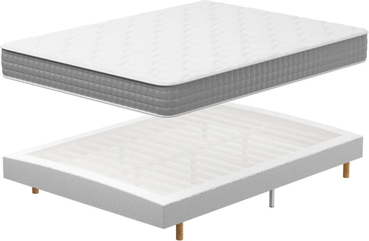 Ensemble Lit 140x190 avec Matelas à Ressorts Ensachés et Sommier Tapissier, 9 Pieds Inclus