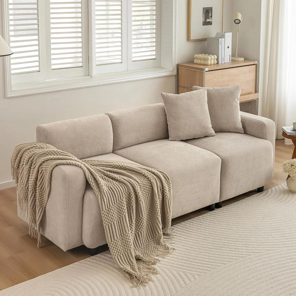 Canapé Moderne 3 Places en Chenille avec Oreillers, Beige, pour Salon