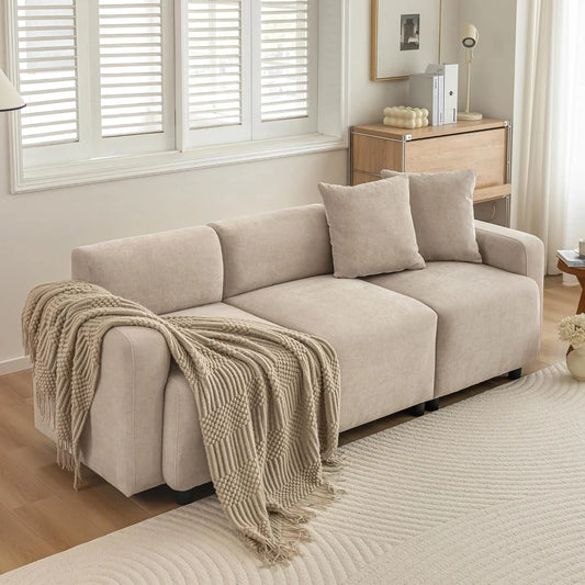 Canapé Moderne 3 Places en Chenille avec Oreillers, Beige, pour Salon