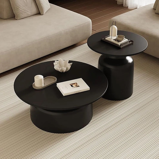 Table Basse Ronde Moderne Nuage Blanc Crème, Ensemble Gigogne pour Salon 50+70cm (Noir)