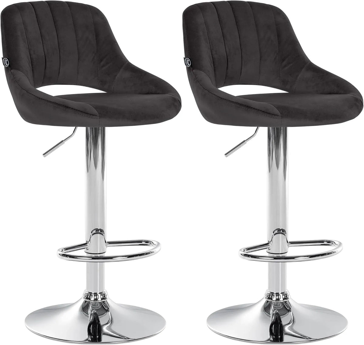 Ensemble de 2 Tabourets de Bar en Velours Noir avec Dossier et Repose-Pieds - Cadre Métallique Chromé