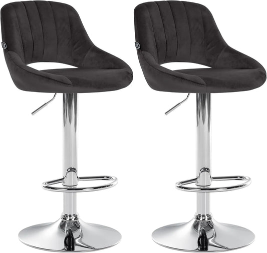 Ensemble de 2 Tabourets de Bar en Velours Noir avec Dossier et Repose-Pieds - Cadre Métallique Chromé