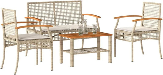 Ensemble de jardin 4 pièces avec coussins en rotin synthétique beige pour terrasse et balcon