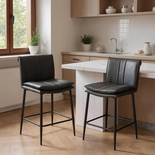 Lot de 2 Tabourets de Bar en Cuir PU Gris avec Repose-Pieds, Chaises Hautes avec Pieds Métal pour Îlot Central