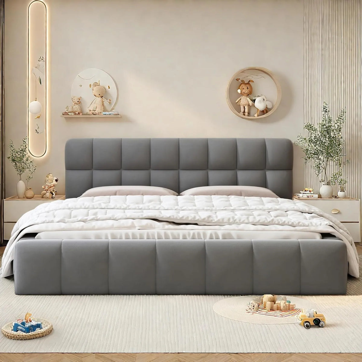 Cadre de Lit Double 140x200 cm en Lin Gris avec Sommier à Lattes et Dossier Confortable
