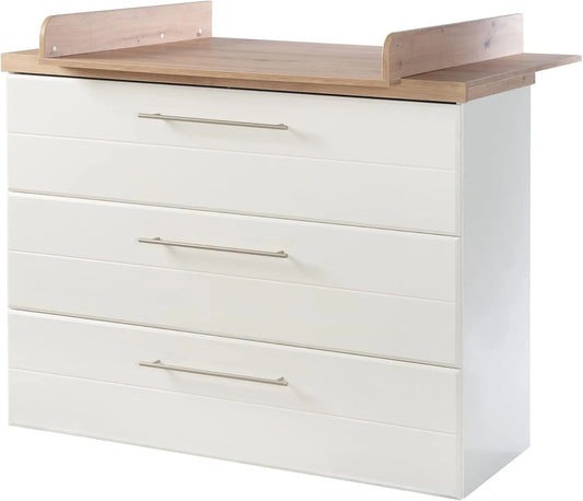 Commode à Langer Nele Large avec Plan Amovible et 3 Tiroirs en Blanc et Chêne Artisan