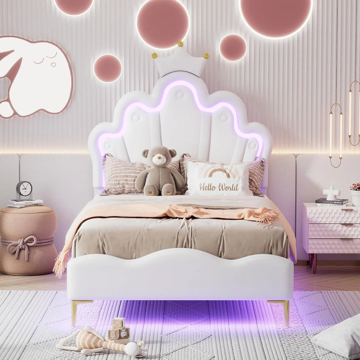 Cadre de Lit Enfant 90x200 cm avec LED Intégrées, Design Princesse Couronne, Blanc