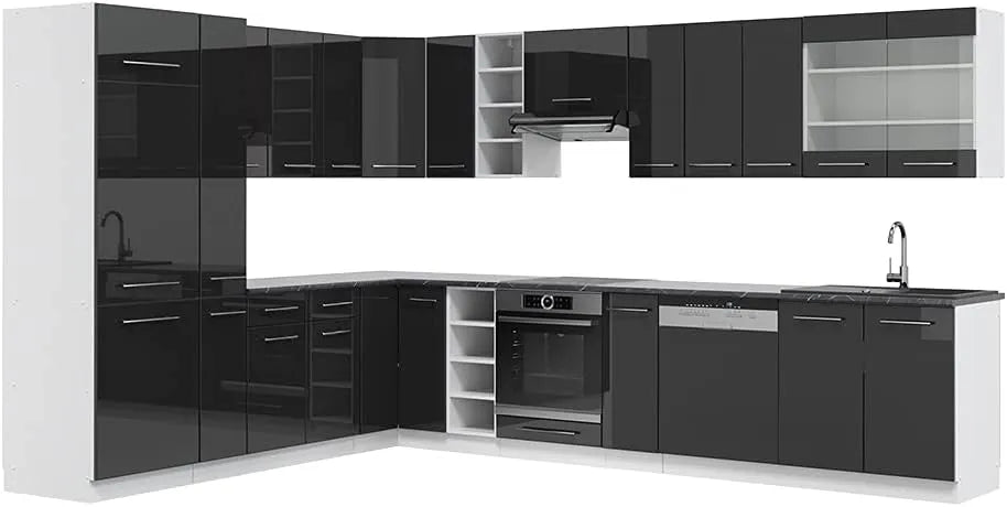 Ensemble de Cuisine d'Angle Fame-Line, Anthracite Brillant et Blanc, 257 x 60 cm