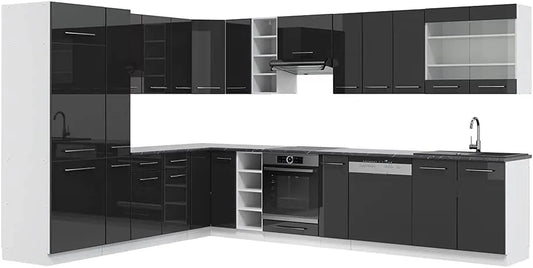 Ensemble de Cuisine d'Angle Fame-Line, Anthracite Brillant et Blanc, 257 x 60 cm