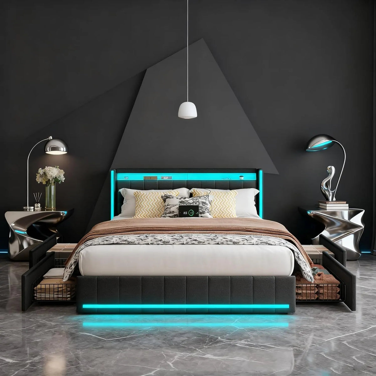 Lit double capitonné moderne 180x200 cm avec LED, USB et tiroirs