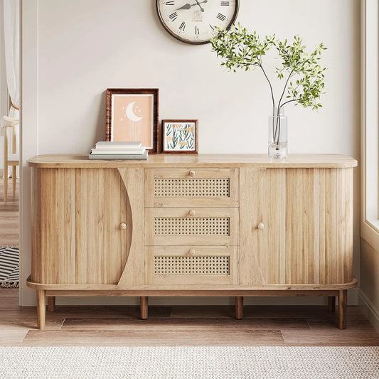 Buffet en rotin avec tiroirs et portes coulissantes - Espace de rangement ajustable - Style élégant pour salon et salle à manger