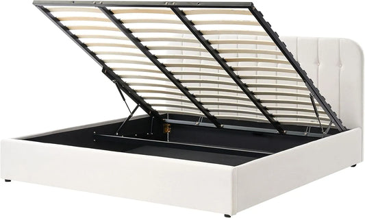 Lit Coffre Tissu 180x200 cm avec Tête de Lit Capitonnée et Sommier à Lattes Blanc Cassé