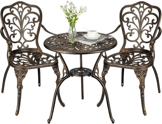 Ensemble Mobilier de Jardin 3 Pièces en Aluminium – Table et Chaises – Résistant aux Intempéries – Couleur Bronze