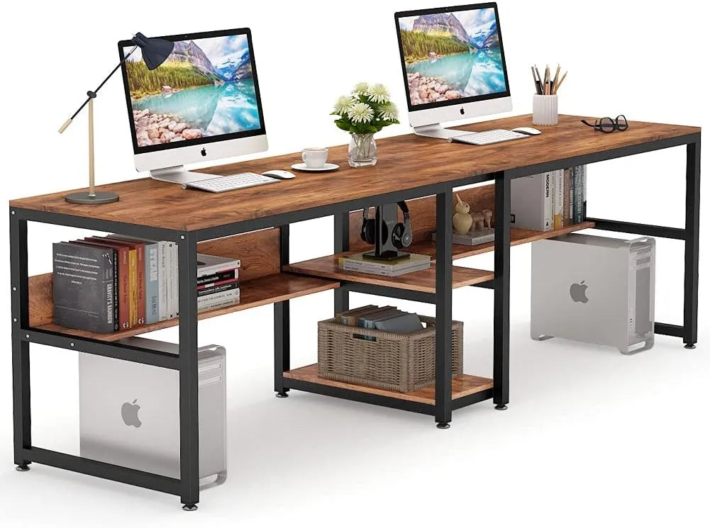 Bureau Double Tribesigns 200 cm avec Rangement et Étagère, Style Industriel pour Bureau à Domicile