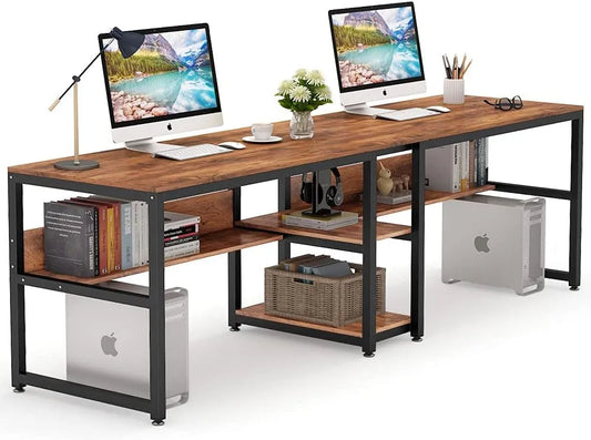 Bureau Double Tribesigns 200 cm avec Rangement et Étagère, Style Industriel pour Bureau à Domicile