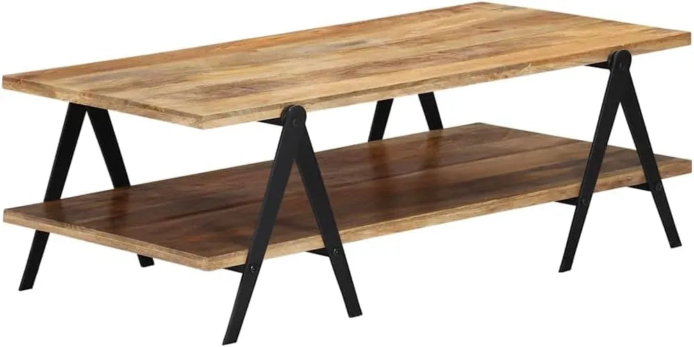 Table Basse en Bois de Manguier avec Étagère de Rangement pour Salon