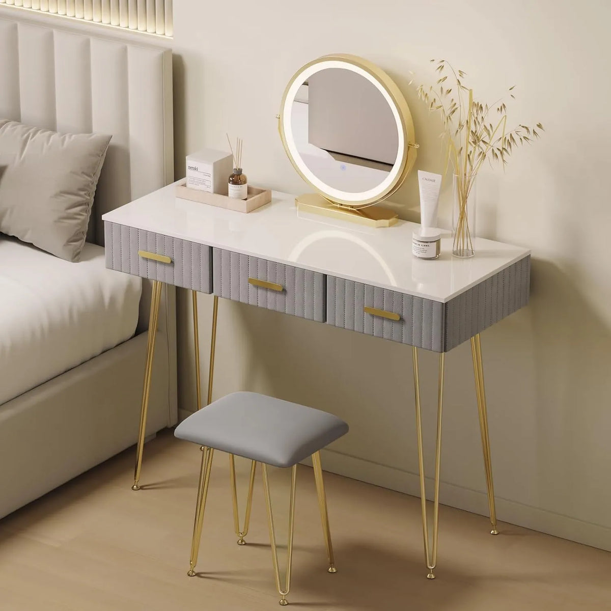 Table de Coiffure Moderne avec LED et Tabouret en Velours