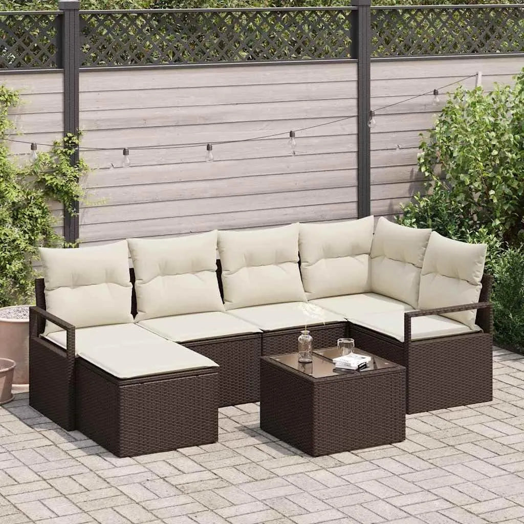 Set de Salon de Jardin Modulable 7 Pièces en Rotin Synthétique UV Marron/Crème avec Rangement