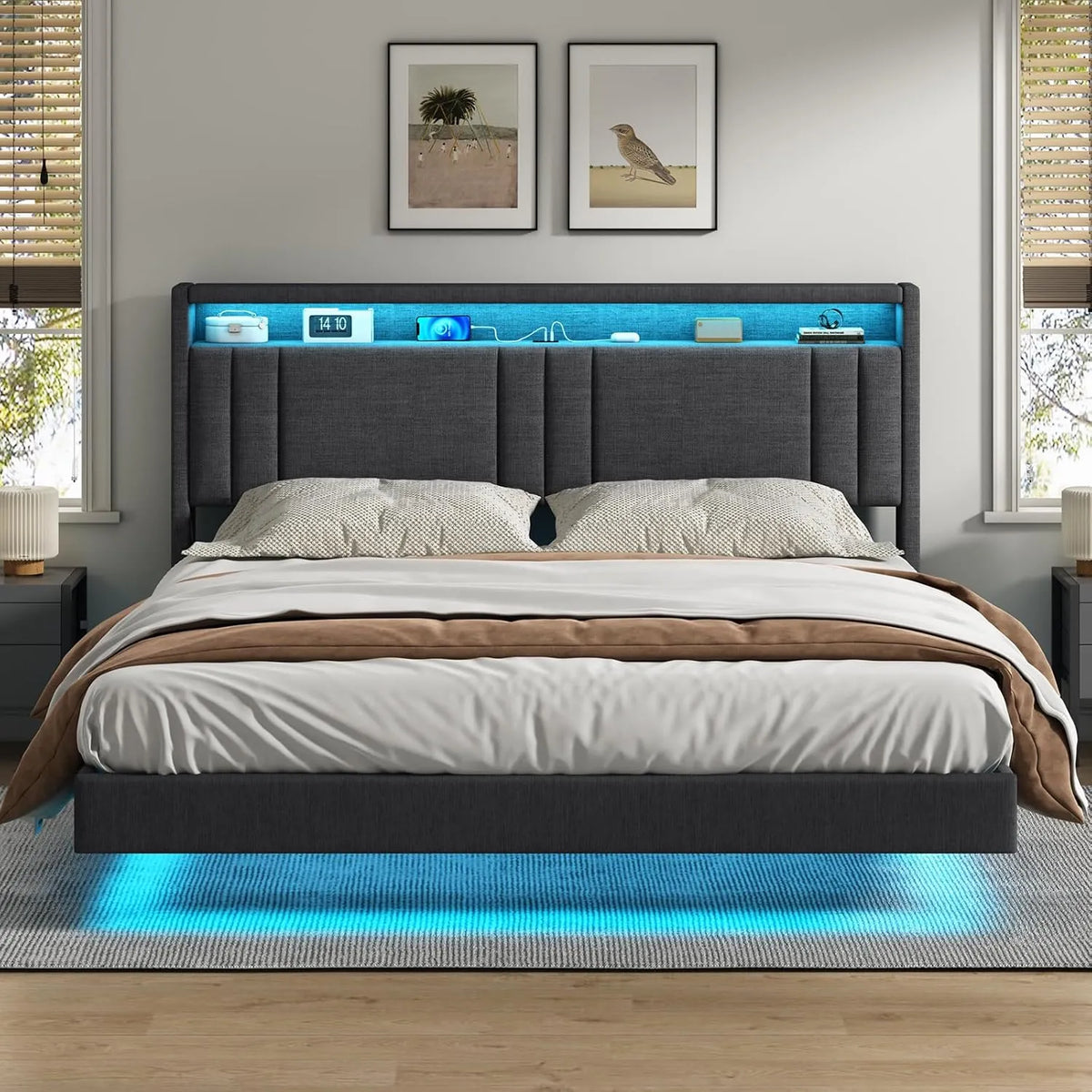 Lit Double Flottant 160x200 cm avec LED et Rangement, Cadre Rembourré en Lin Gris